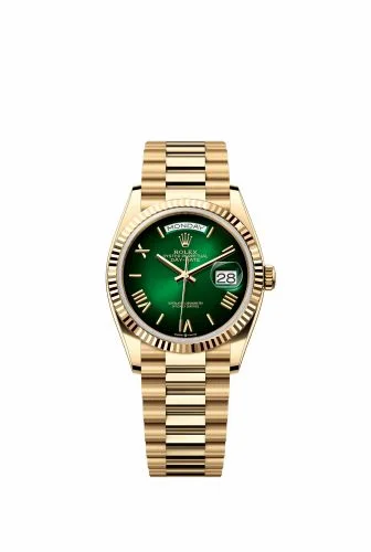 Rolex Day-Date 36 Yellow Gold - Fluted / Green Ombré - Roman / President 128238-0118 (m128238-0118)